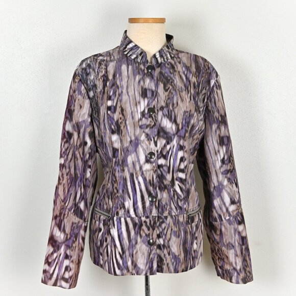 Chicos Sz3 80s Animal Print Zebra Boho Snap Zip Pocket Purple Windbreaker Jacket - Picture 2 of 16